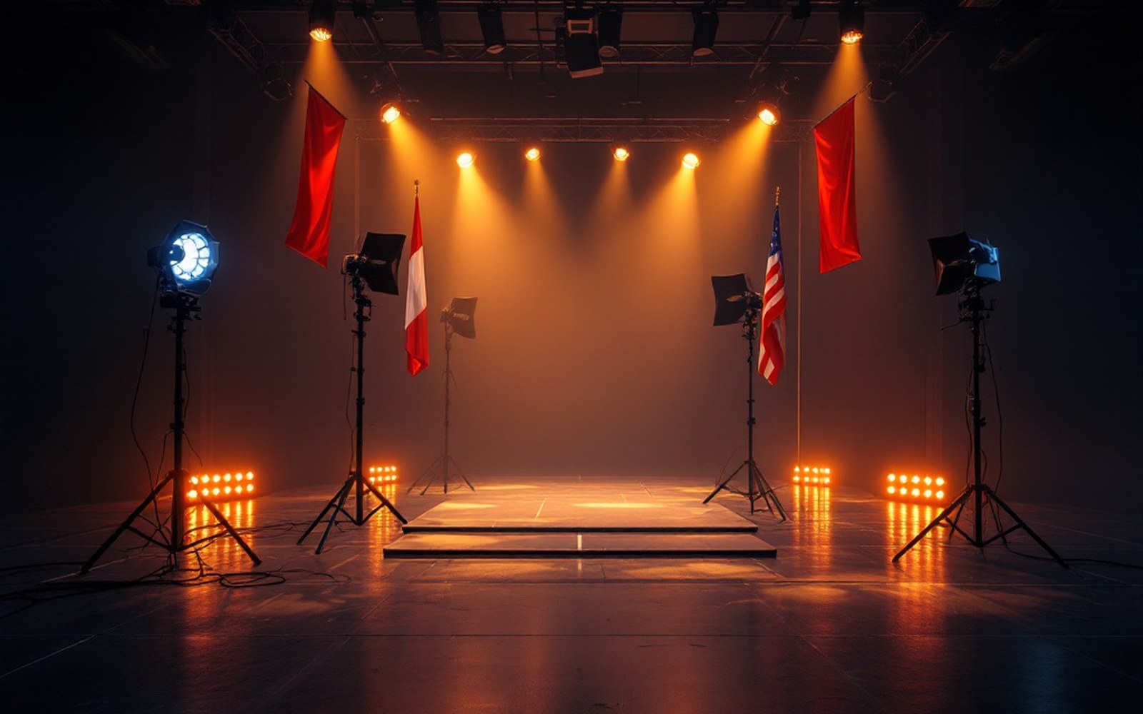 A lit interior set with stands and flags, no crew