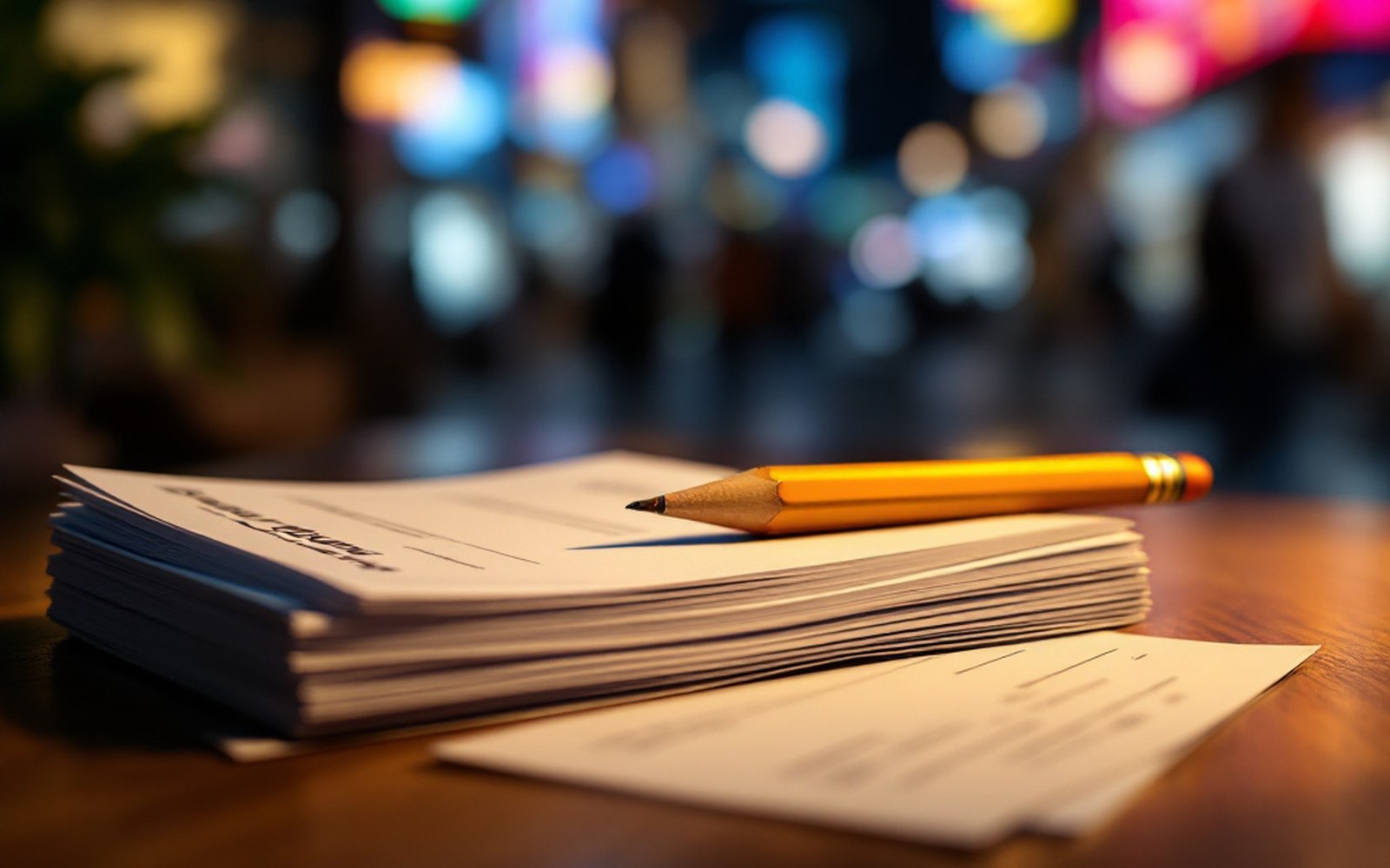 A stack of paper survey cards with a pencil