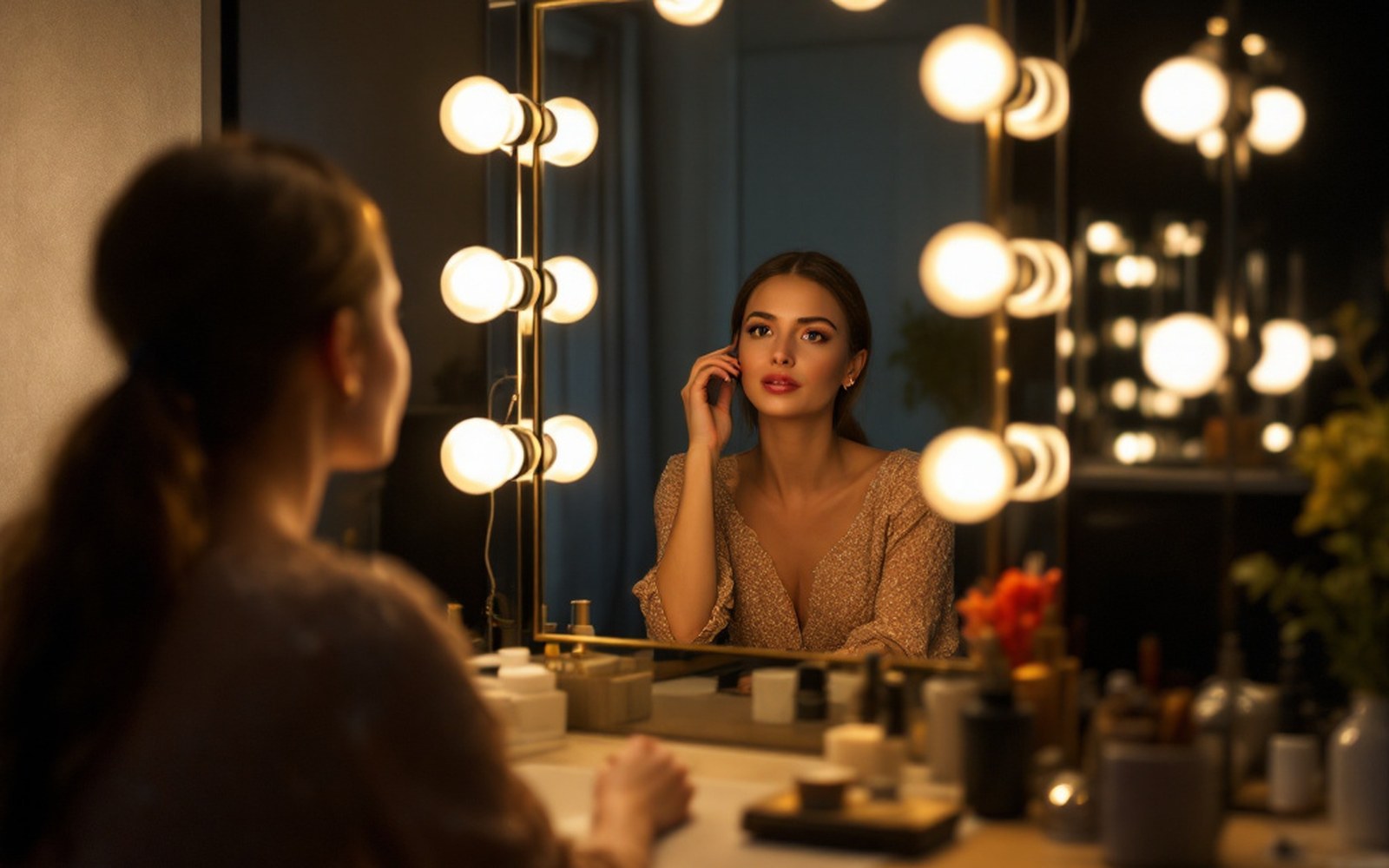 A dressing-room mirror with bulbs, no reflection visible