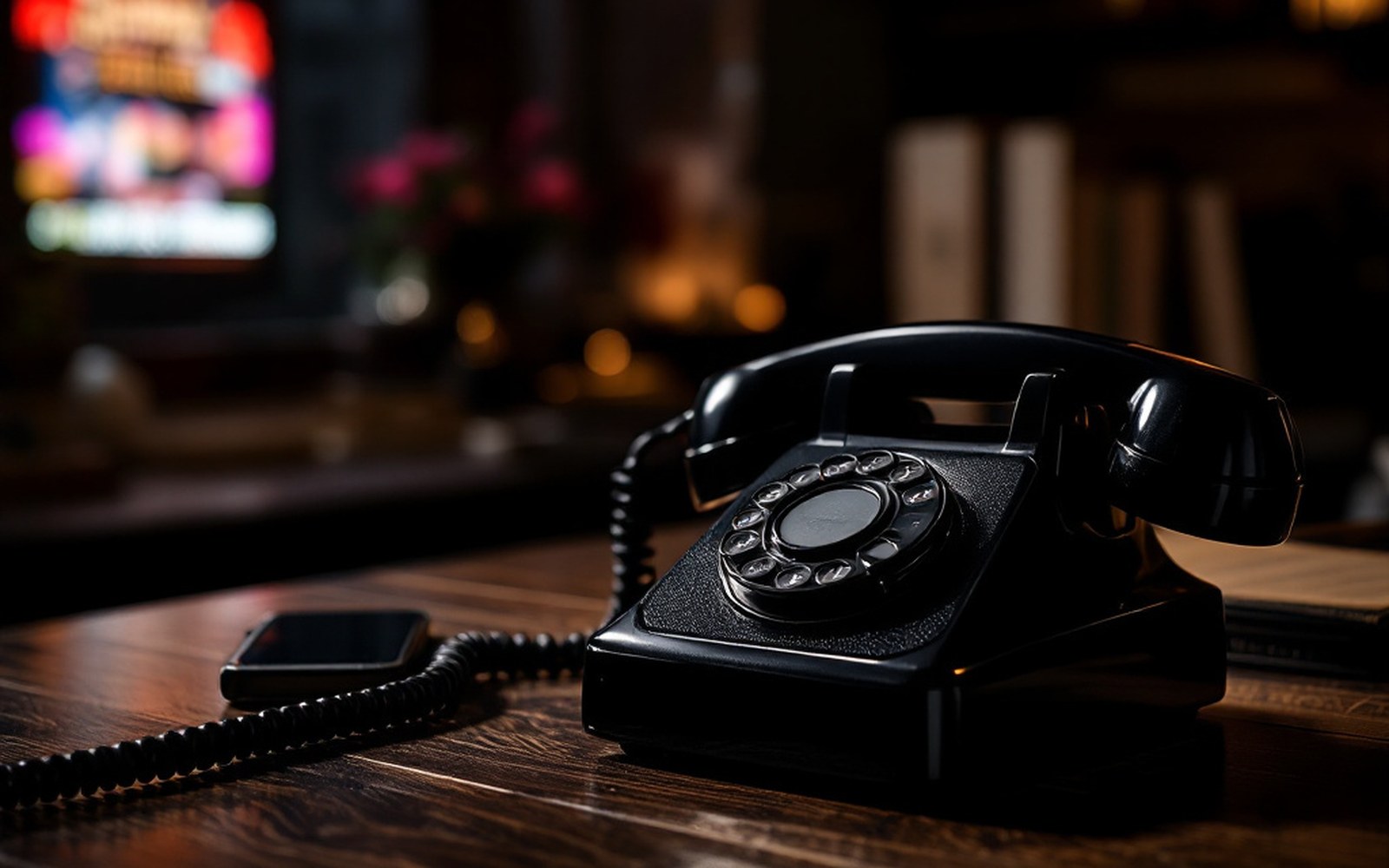 A black rotary-dial telephone on a wooden desk, one hard light, black surround