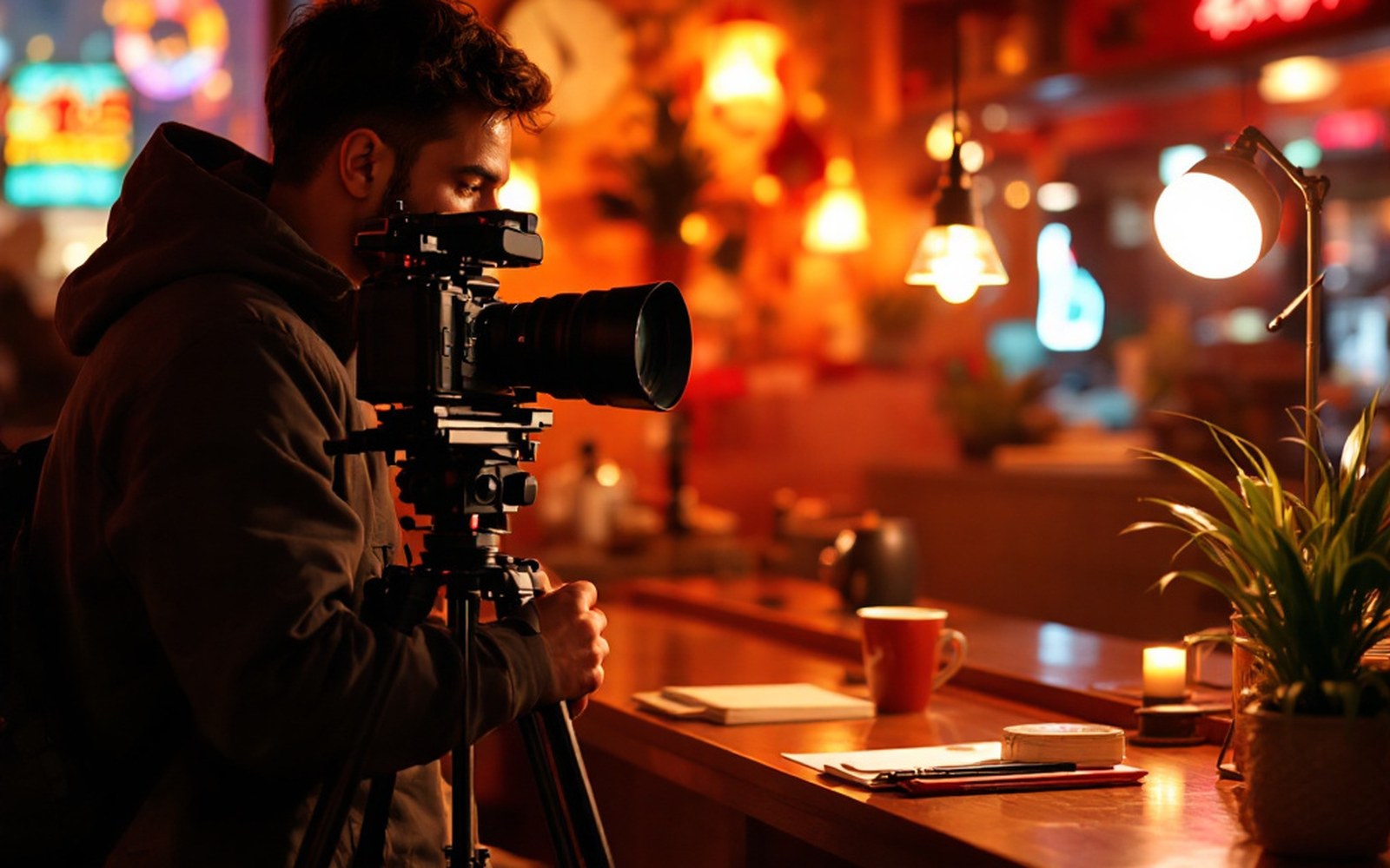 An adult beside a film camera on a tripod giving a direction off-frame, warm set light, seen from the side